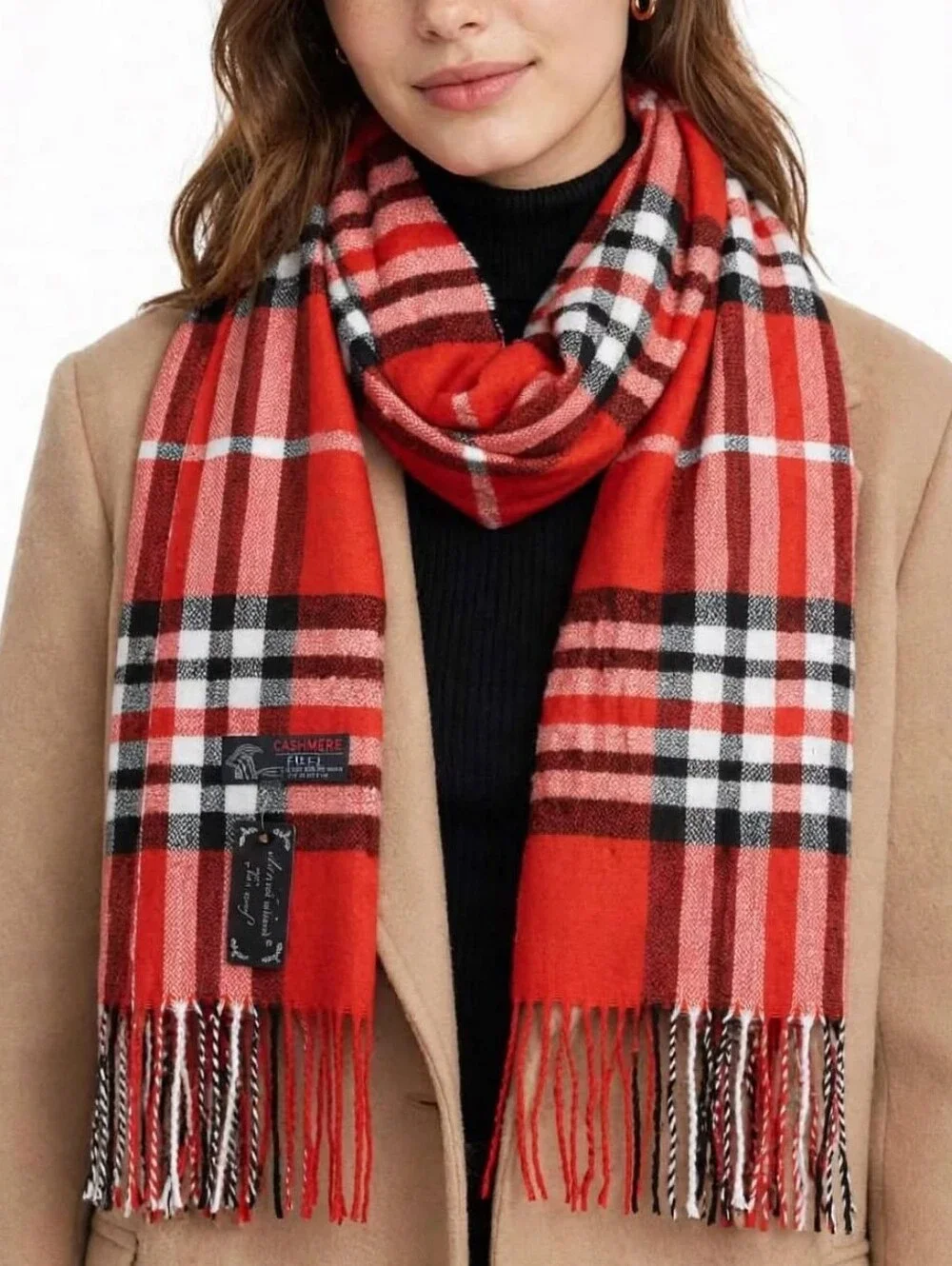 Cashmere Feel Red Plaid Scarf 100% Acrylic Soft Fringe Tartan Wrap Blanket NWT